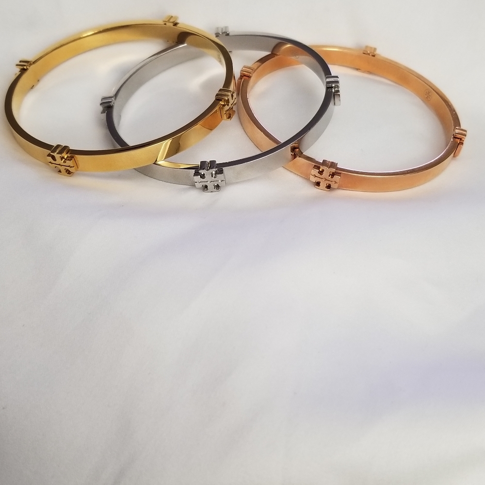 Tory Burch Trio Logo Hinged Bangles in Gold, Silver, Rose Gold